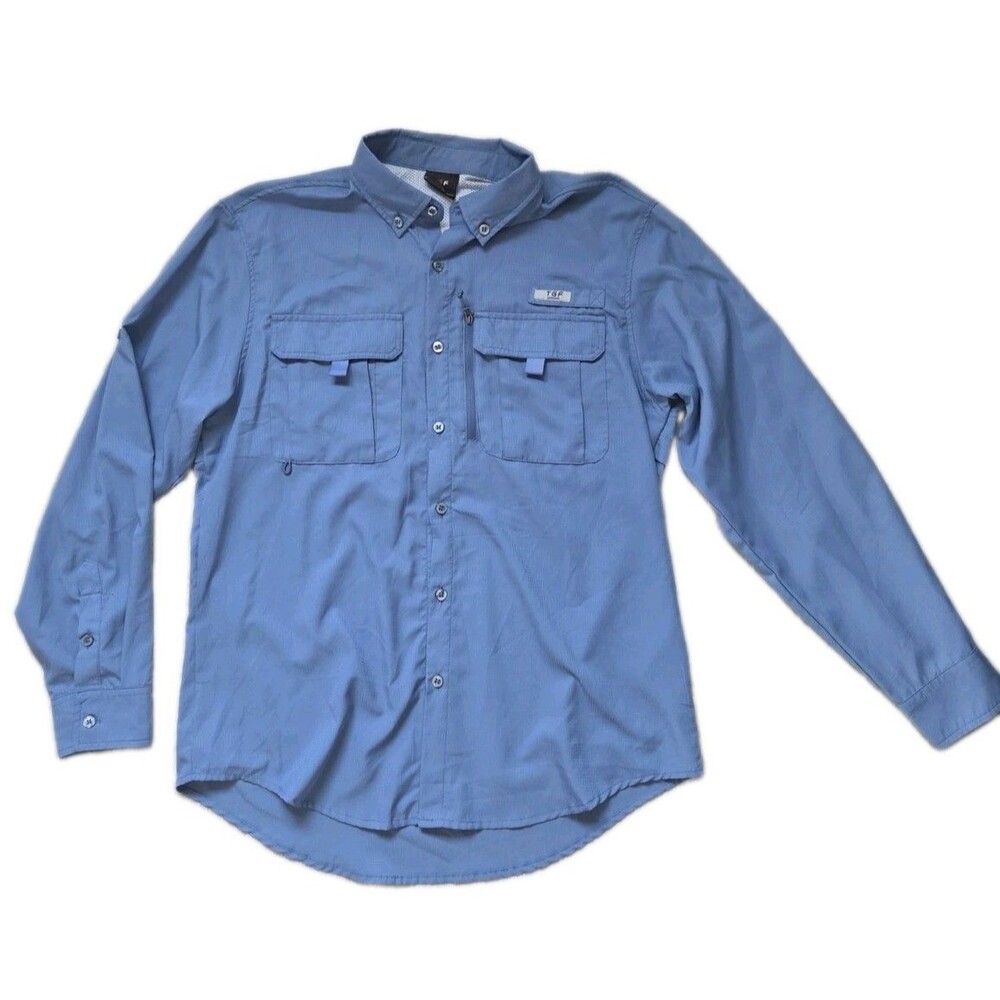 TGF Blue Long Sleeve Fishing Shirt Button Down Utility Pockets Men’s S EUC